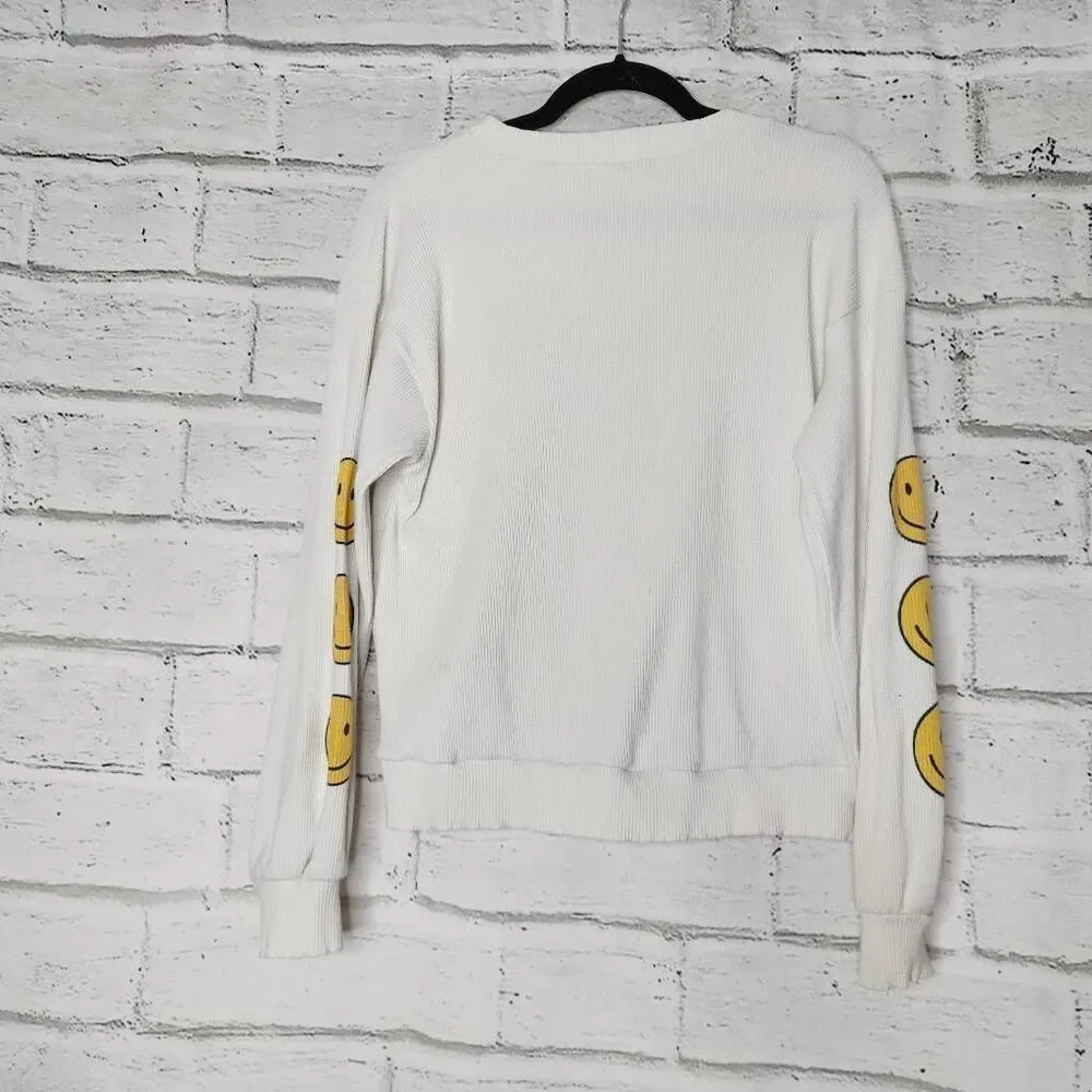 Ces Femme Womens White Ribbed Smiley Face Long Sleeve Pullover Sweatshirt Medium